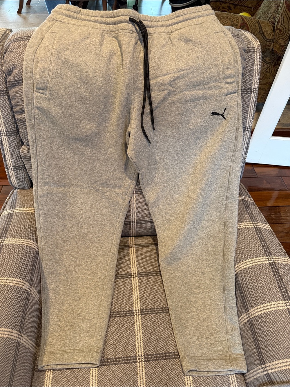 Puma Light Gray Men's Fleece sweatpants with Black Drawstring straight bottom